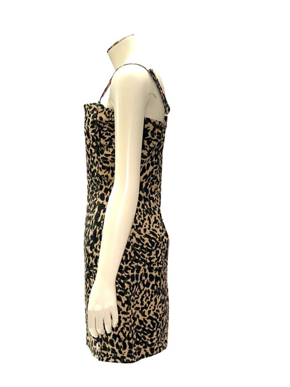 Forever 21 M Leopard Print Mini Dress Beige Black Spaghetti Strap Front Slit Zip - Picture 3 of 12